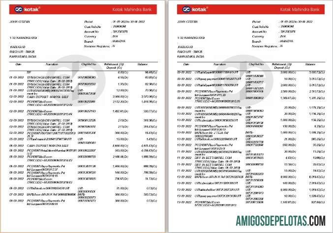 Modelo de extrato bancário realista da Índia Kotak Mahindra, formato Word e PDF, 7 páginas